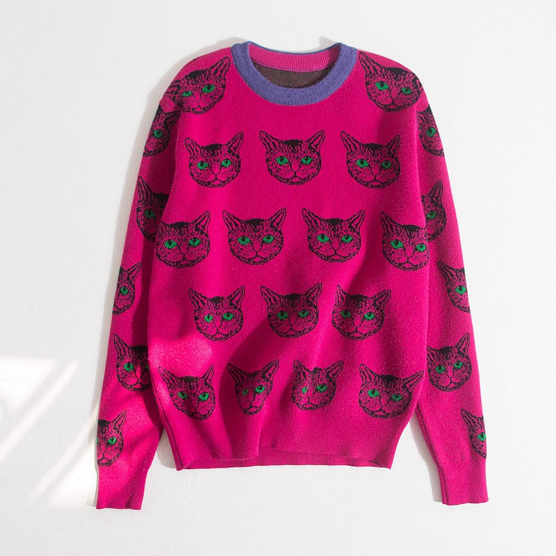 Sweater jacquard cute cat round neck pullover knitted sweater for women