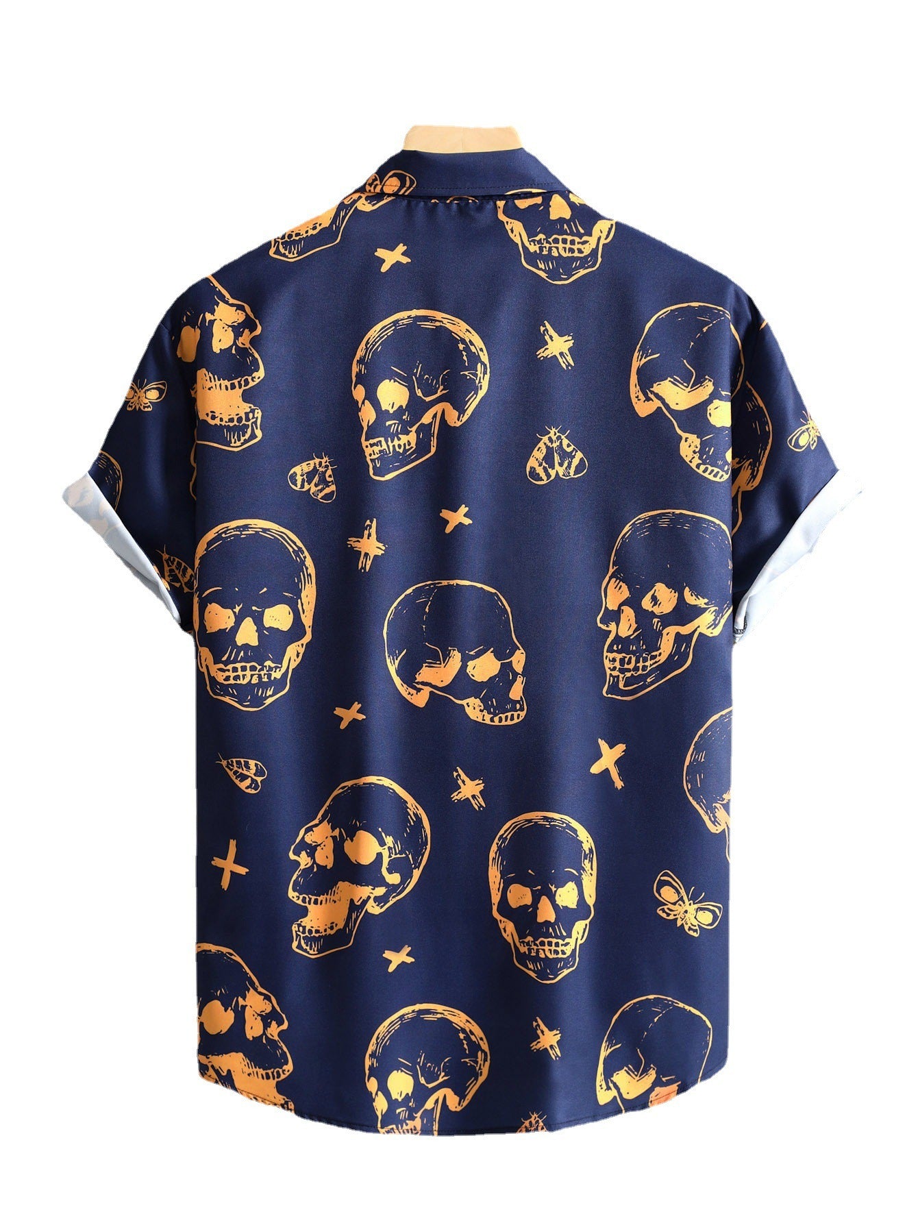 Camisa de manga corta con estampado digital de calavera azul marino para hombre, informal, holgada, con estampado digital