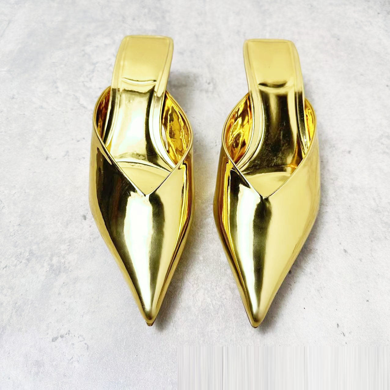 Golden metallic high heels, Muller shoes, toe wrap, back empty high heels, sandals for women