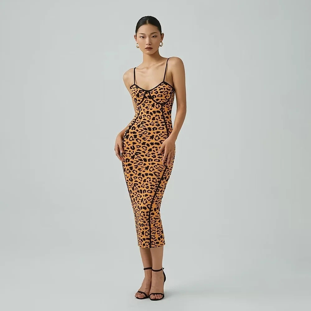 Vestido halter de jacquard con estampado de leopardo, vestido cruzado ajustado elástico de corte bajo para mujer de verano