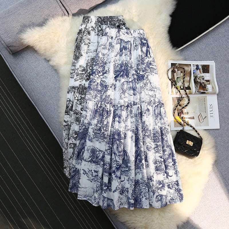 Animal porcelain temperament fluffy half skirt female ink painting Hepburn A-line printed pleated skirt