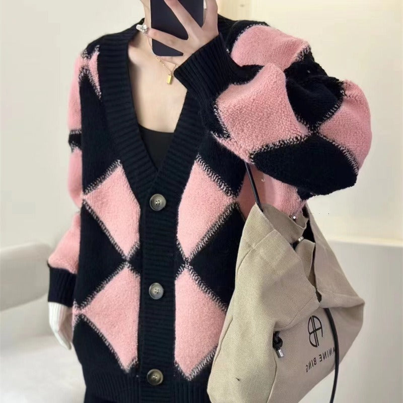 Otoño e invierno coreano contraste color cardigan suéter chaqueta para mujer