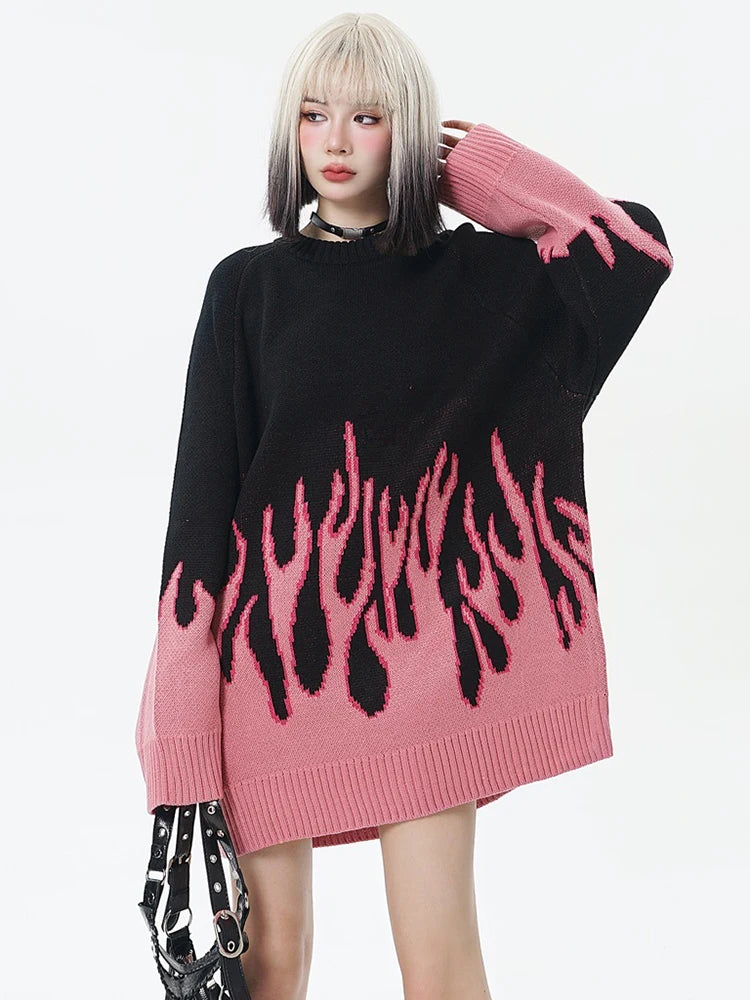 Flame Jacquard Sweater For Women Contrast Color O-neck Full Sleeve Casual Loose Knit Pullover Spring