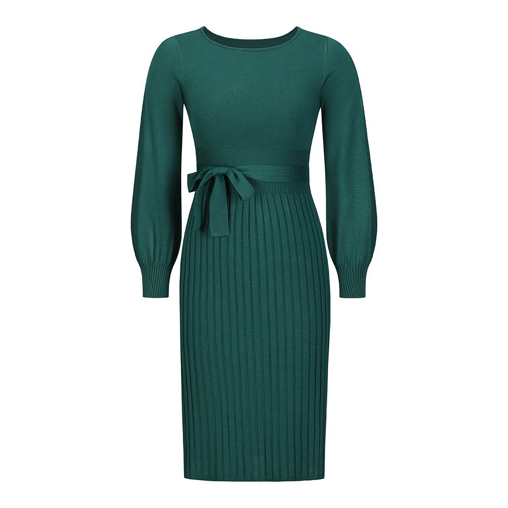 Women's new autumn and winter knitted dress with slim fit and pleats, medium length base sweater skirt