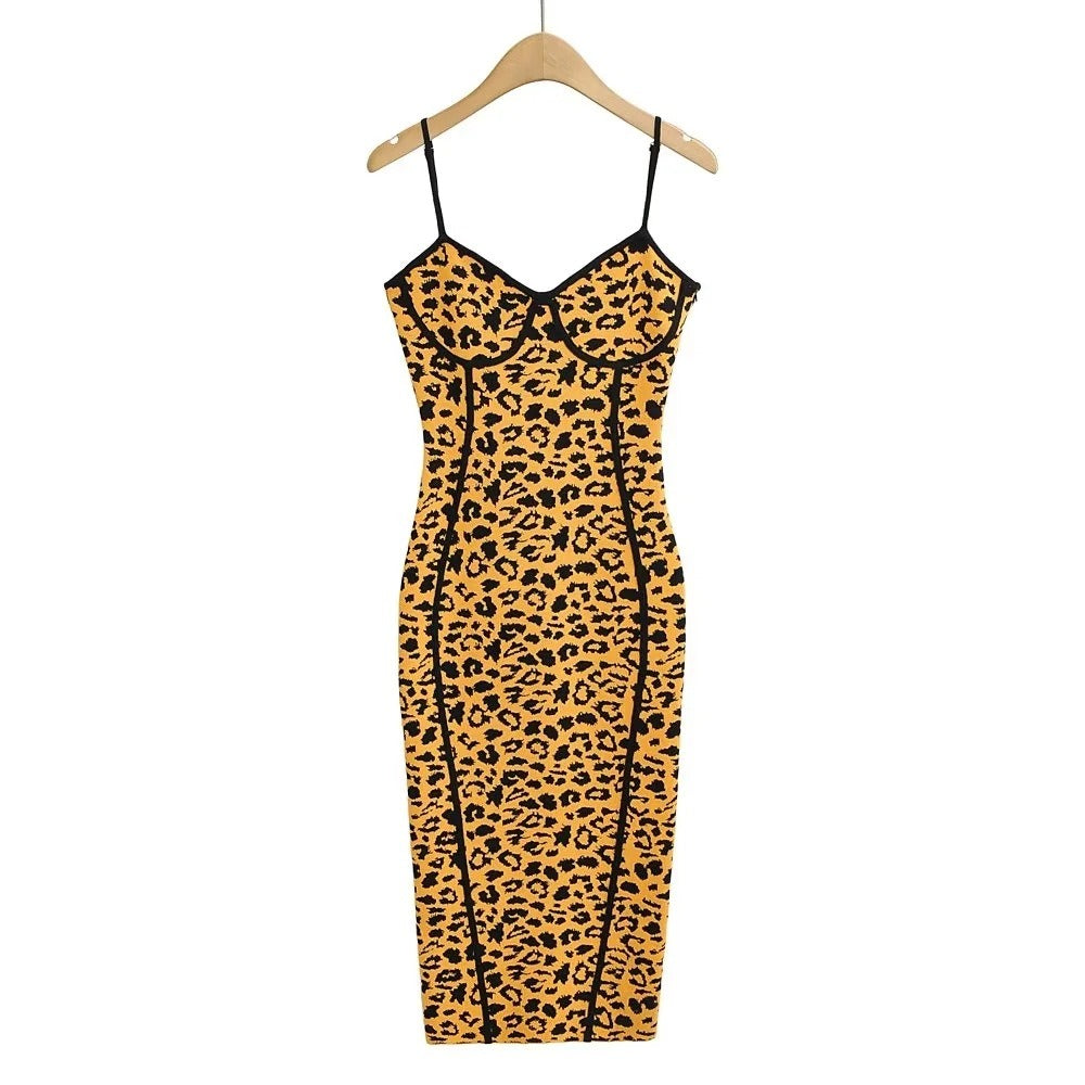 Vestido halter de jacquard con estampado de leopardo, vestido cruzado ajustado elástico de corte bajo para mujer de verano