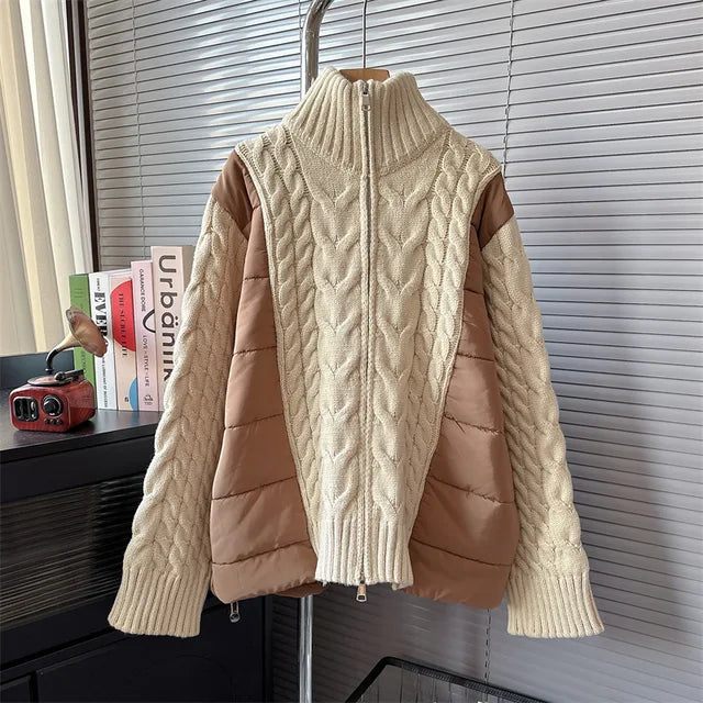 Cuello alto de punto Patchwork ropa acolchada de algodón chaqueta suéter con cremallera abrigo de mujer 