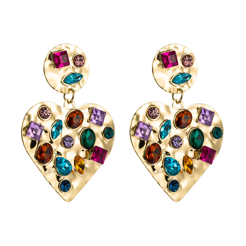 Geometric Heart Shaped Alloy Set Colorful Rhinestone Earrings Vintage Gold Drop Earrings