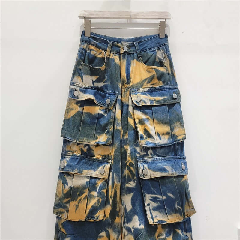 Retro street multi pocket camouflage work pants, long pants, straight leg mop jeans, wide leg pants