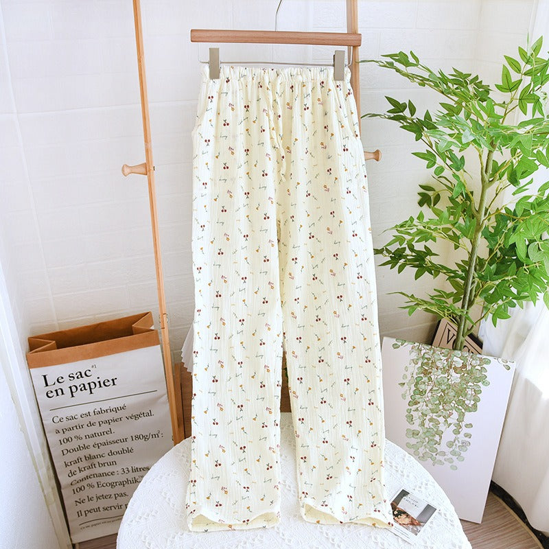 Pantalones de pijama de crepé de algodón para mujer, pantalones holgados con cintura elástica, pantalones para dormir transpirables, ropa de estar en casa para las cuatro estaciones