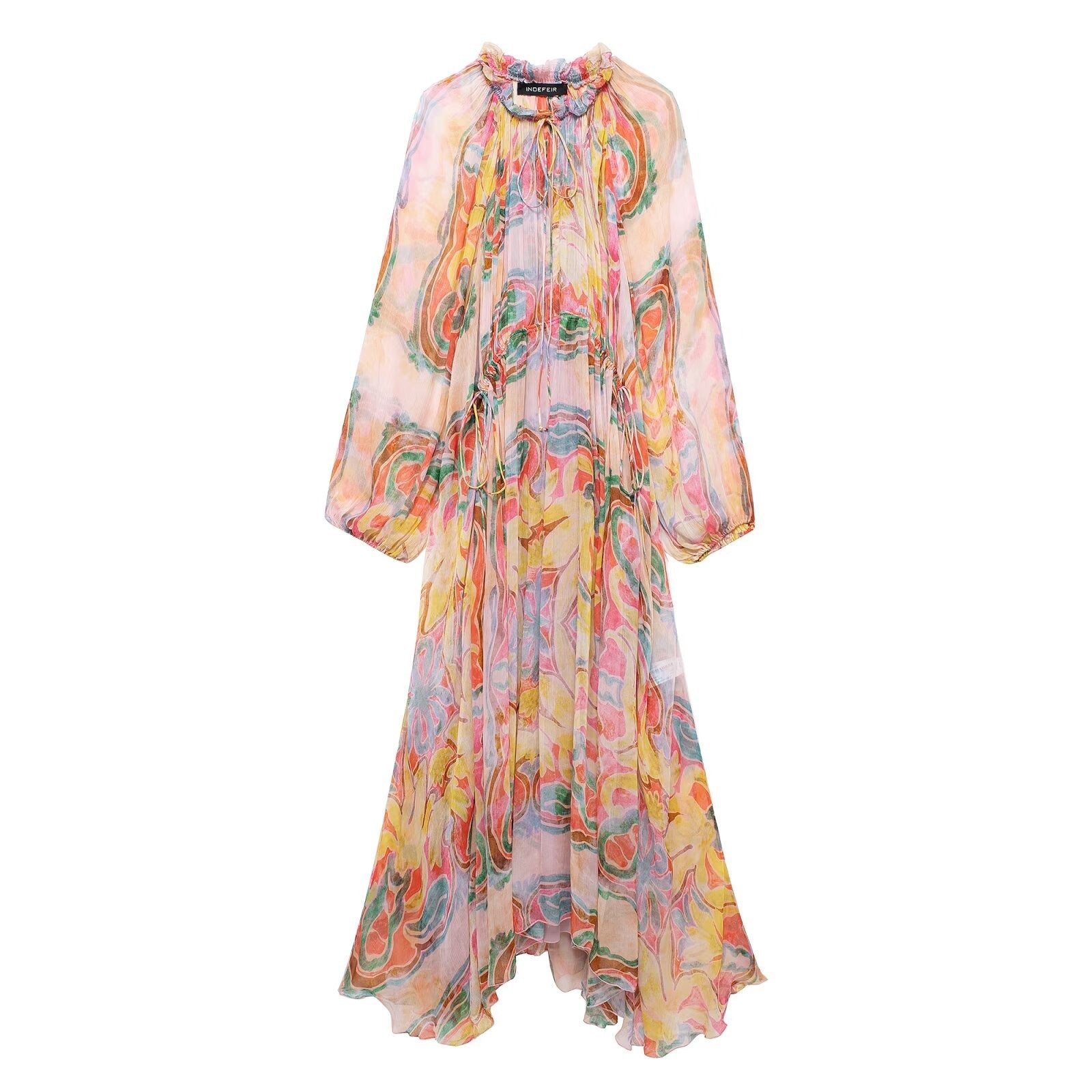 New Fashionable Half High Collar Long Sleeve Printed Waist Loose Dress for Women