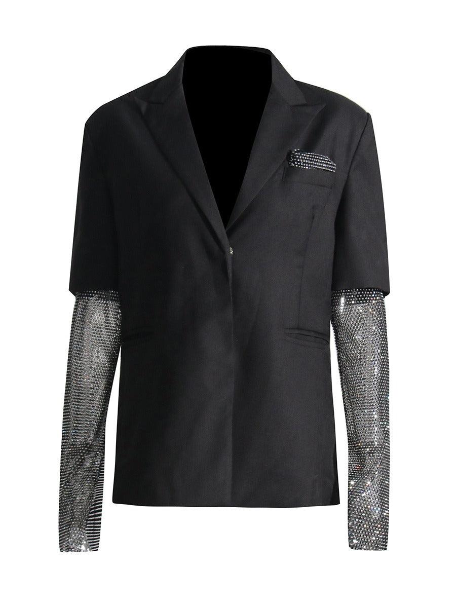 Chaqueta de temperamento de moda estilo blazer de silueta de longitud media negra cosida para mujer