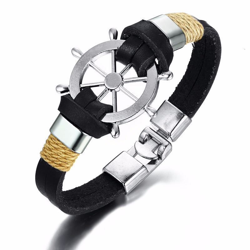 Joyería Aleación Barco Timonel Cuerda Negro Marrón Pulsera de moda para hombre