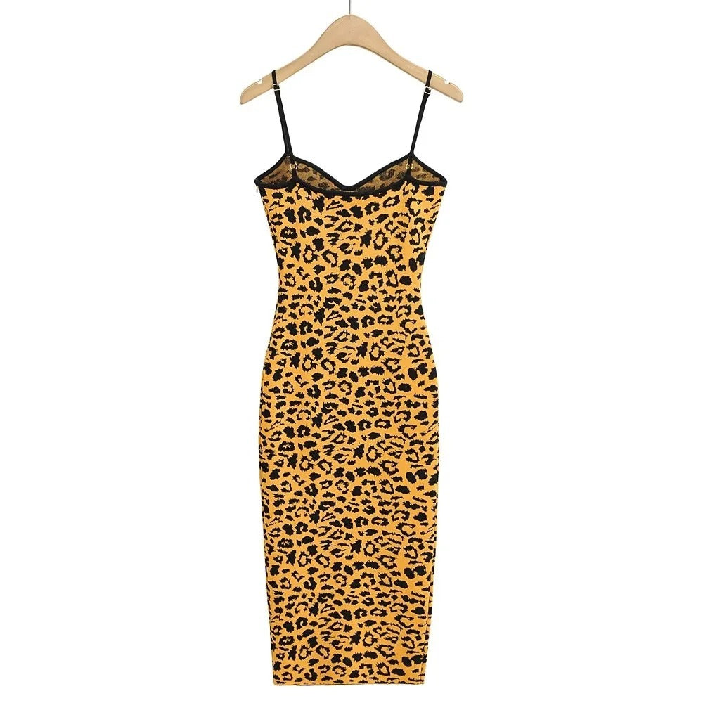 Vestido halter de jacquard con estampado de leopardo, vestido cruzado ajustado elástico de corte bajo para mujer de verano