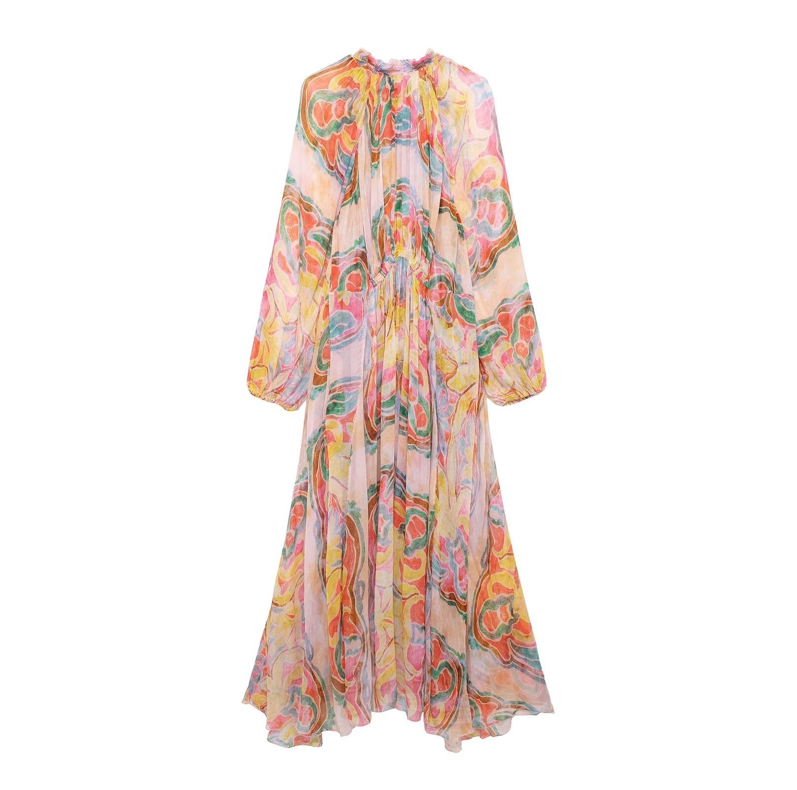 New Fashionable Half High Collar Long Sleeve Printed Waist Loose Dress for Women