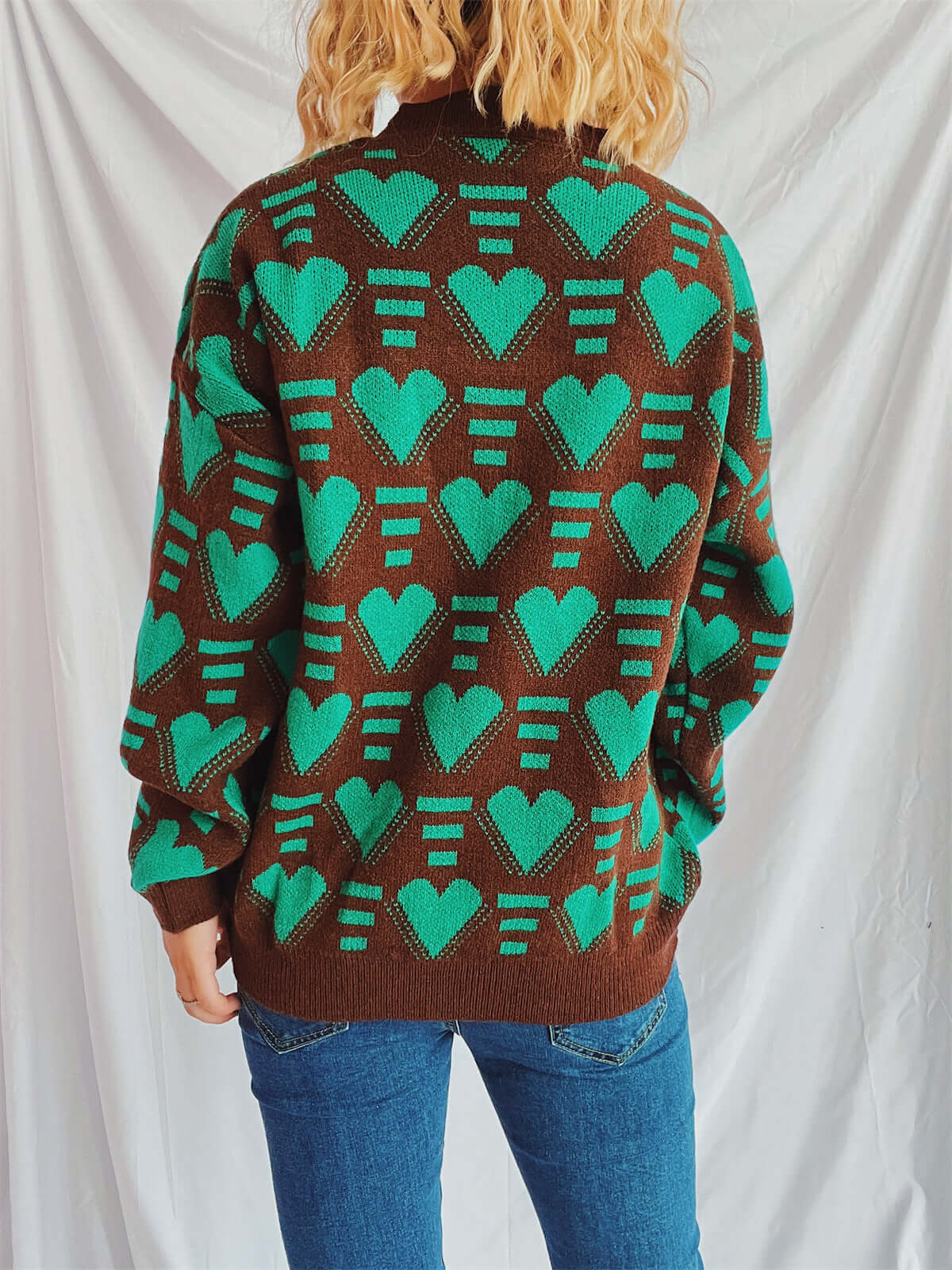 Heart Contrast Long Sleeve Dropped Shoulder Sweater