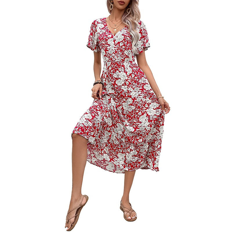 Fashion Women's Red Print Temperament Dress