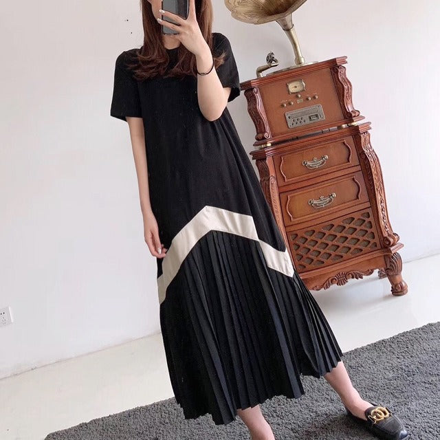 New Designer Style Pleated Dresses Short-Sleeved Long Knee-Length Loose Covering Meat Thin Skirt