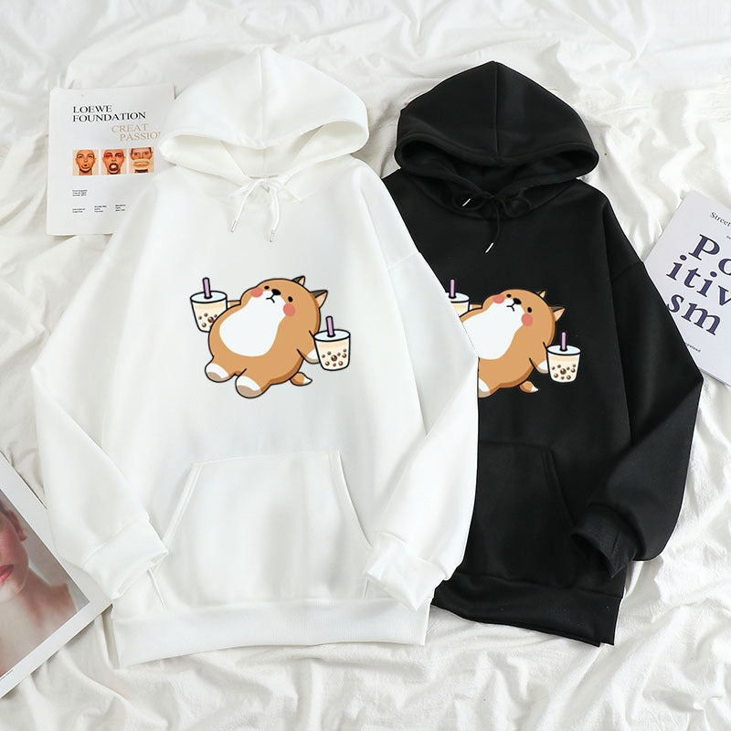 New Loose Women's Clothing Drink Milk Tea Shiba Inu Hooded Sweatshirt Sweatshirt