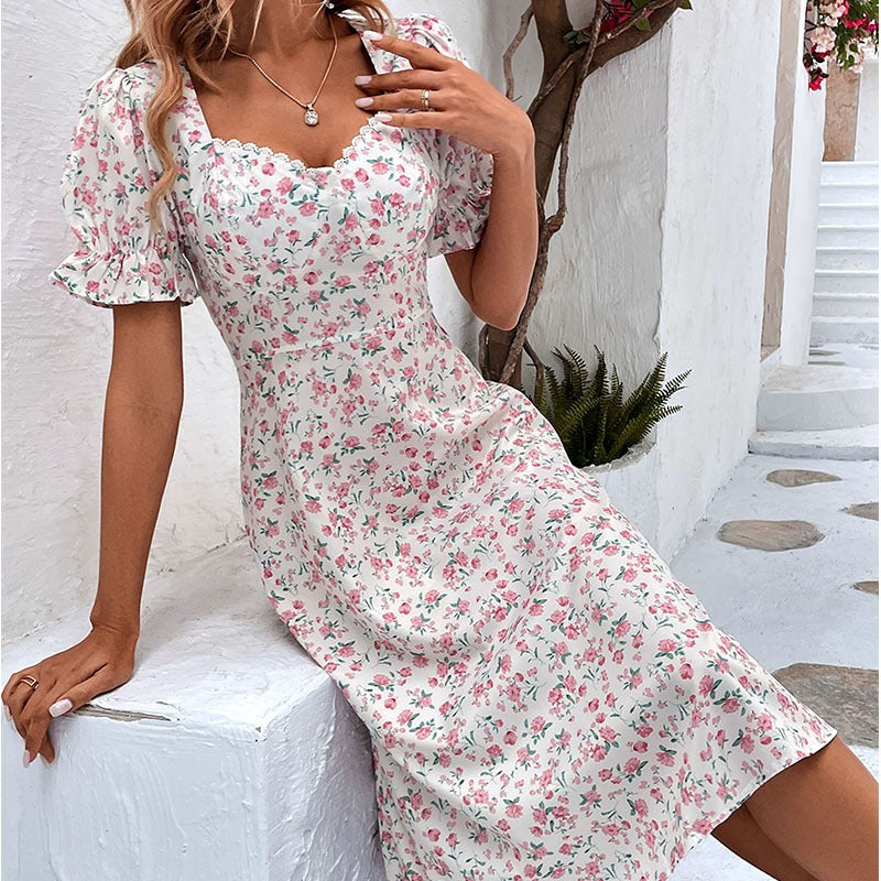 Summer New Fashion Women Slim Temperament Lotus Leaf Sleeve Floral Dress