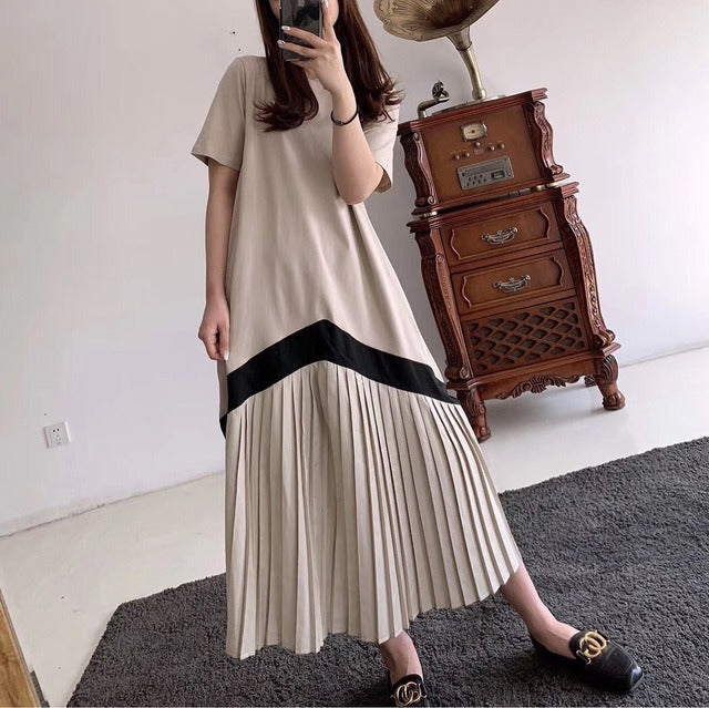 New Designer Style Pleated Dresses Short-Sleeved Long Knee-Length Loose Covering Meat Thin Skirt