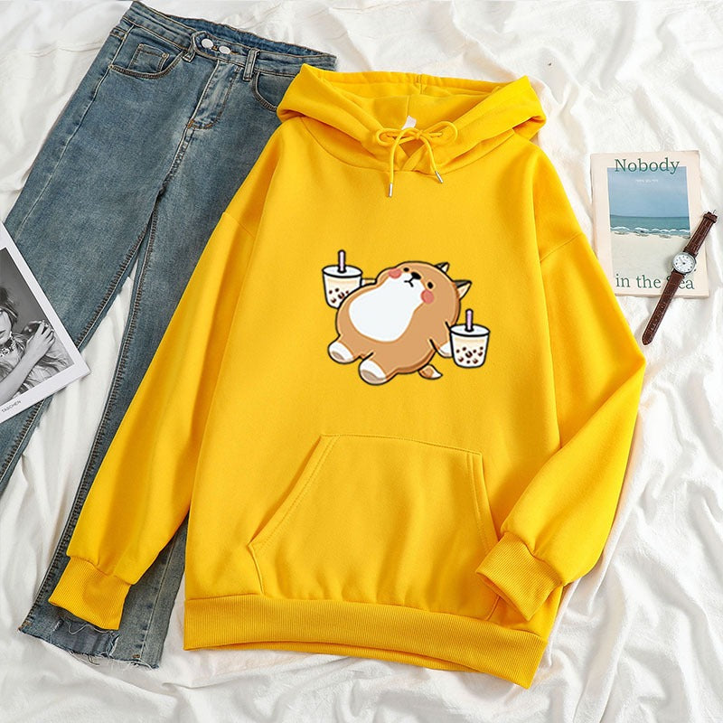 New Loose Women's Clothing Drink Milk Tea Shiba Inu Hooded Sweatshirt Sweatshirt