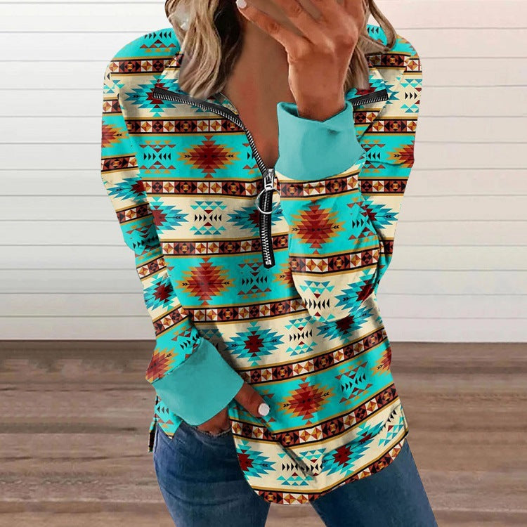 Loose Western Style 3D Round Neck Pullover Long Sleeve T Shirt For Women