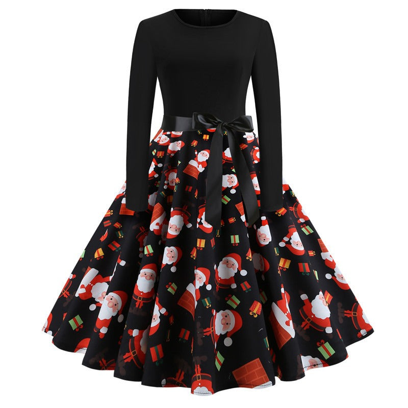 Christmas Vintage Round Neck Print Long Sleeve Swing Dress