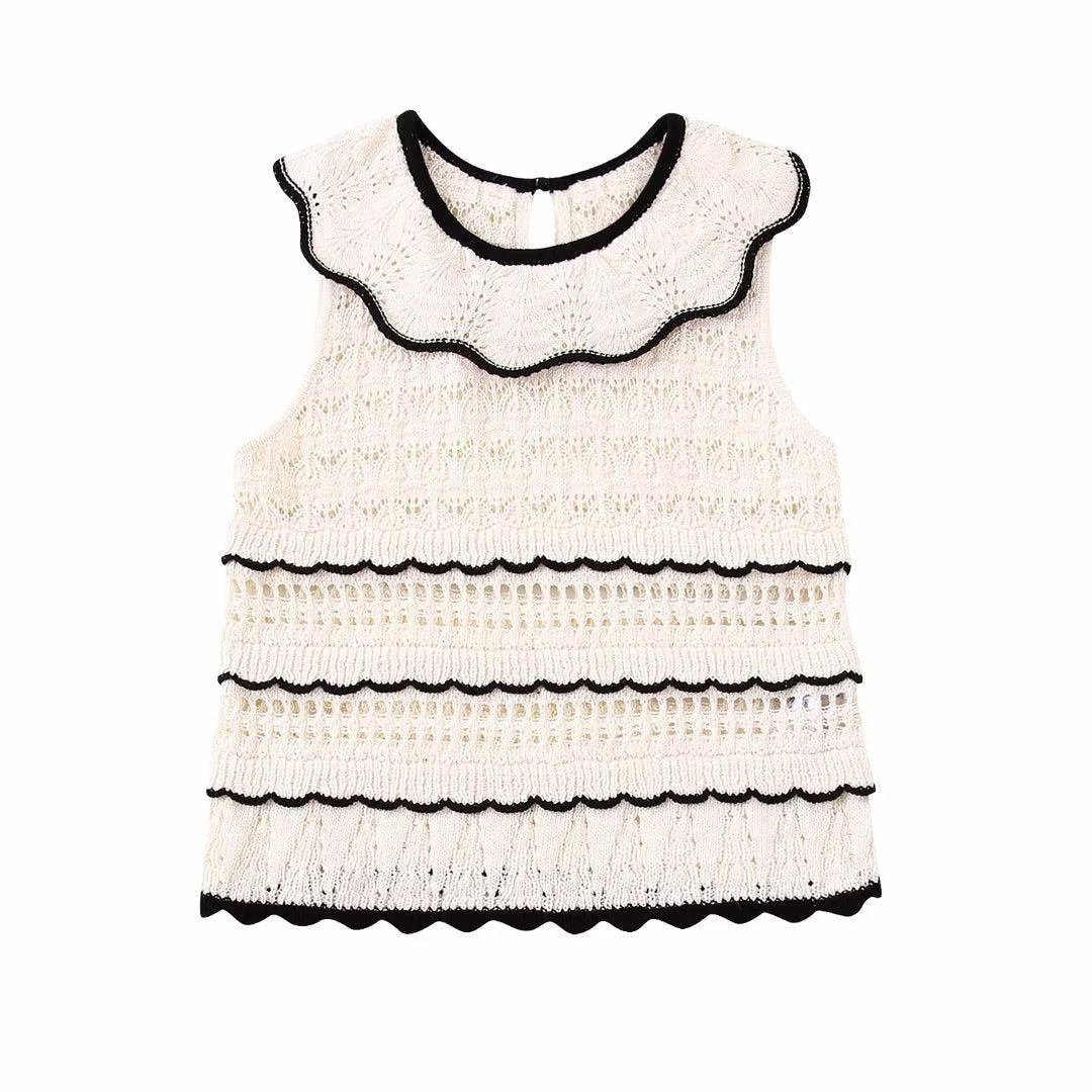 New Fashion Small Fresh Round Neck Sleeveless Lace Ruffle Knitted Top For Women