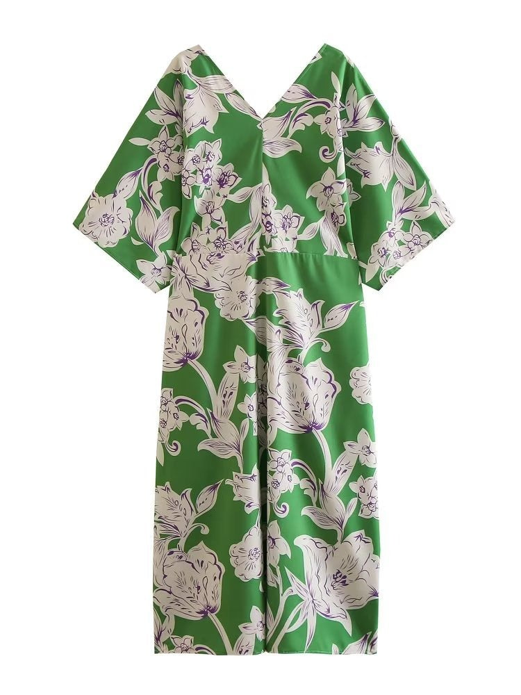 Elegant V Neck half sleeve green printed loose dress for Women