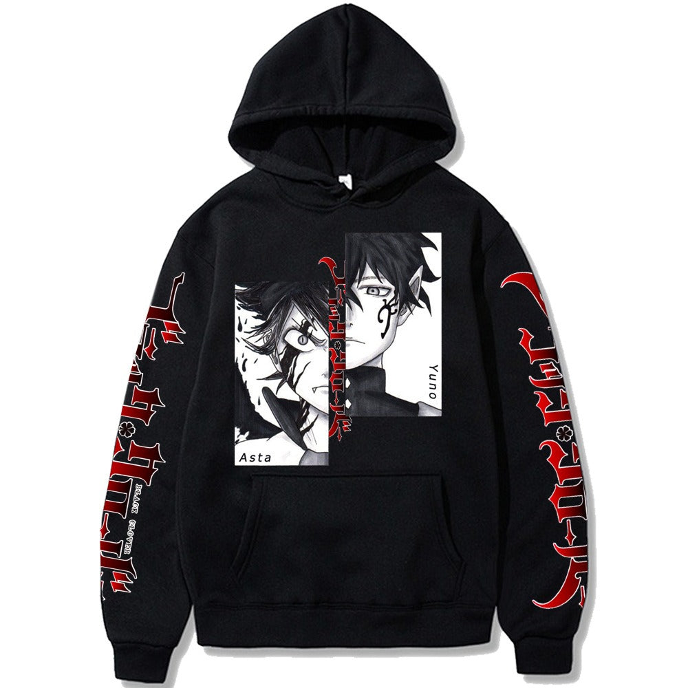 Sudadera con capucha holgada con estampado de cómic japonés de trébol negro