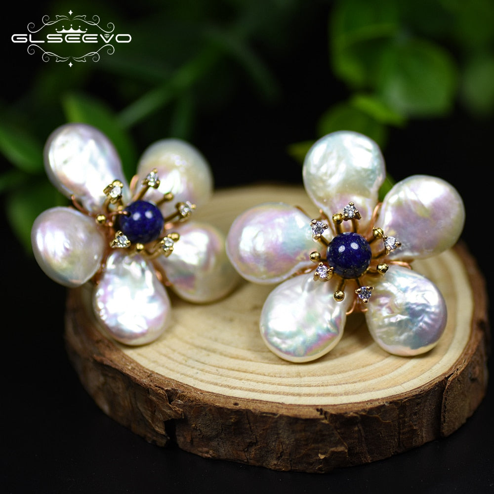 GLSEEVO Natural Fresh Water Baroque Pearl Lapis Lazuli Flower Stud Earrings