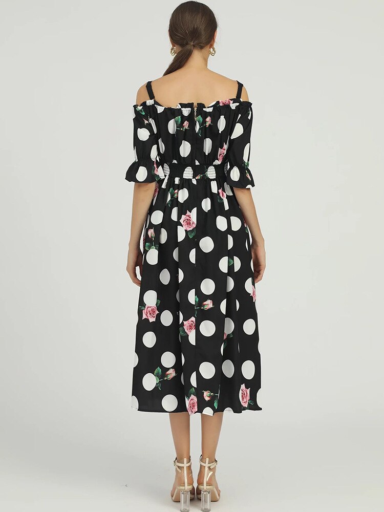 Spring Summer Fashion Polka Dot Print Slash Neck Party Dresses Elastic High Waist A Line Midi