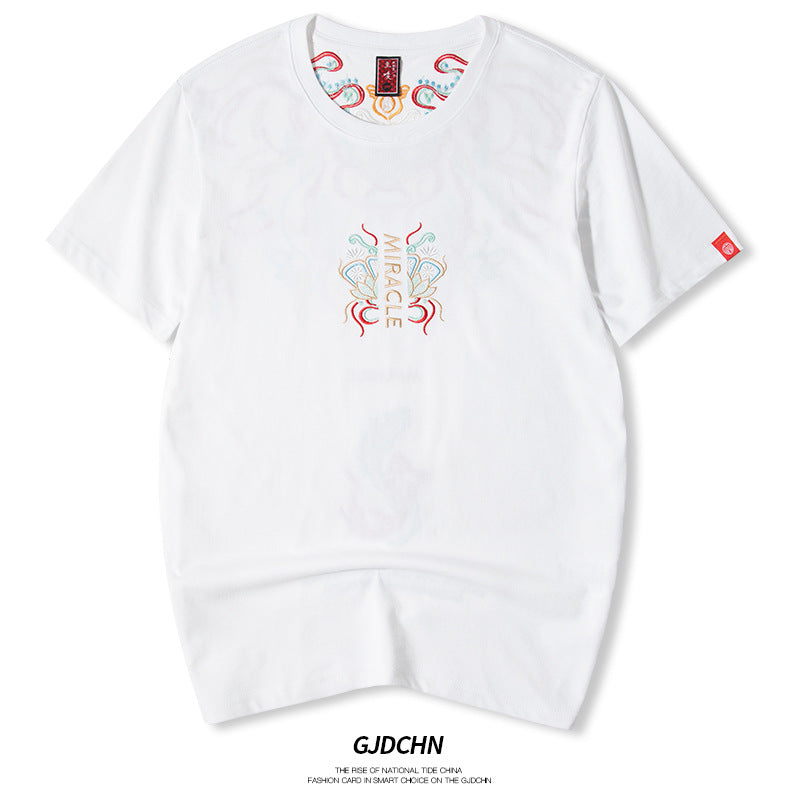 Chaopai style Koi Embroidery Cotton Short sleeved T Shirt Men l