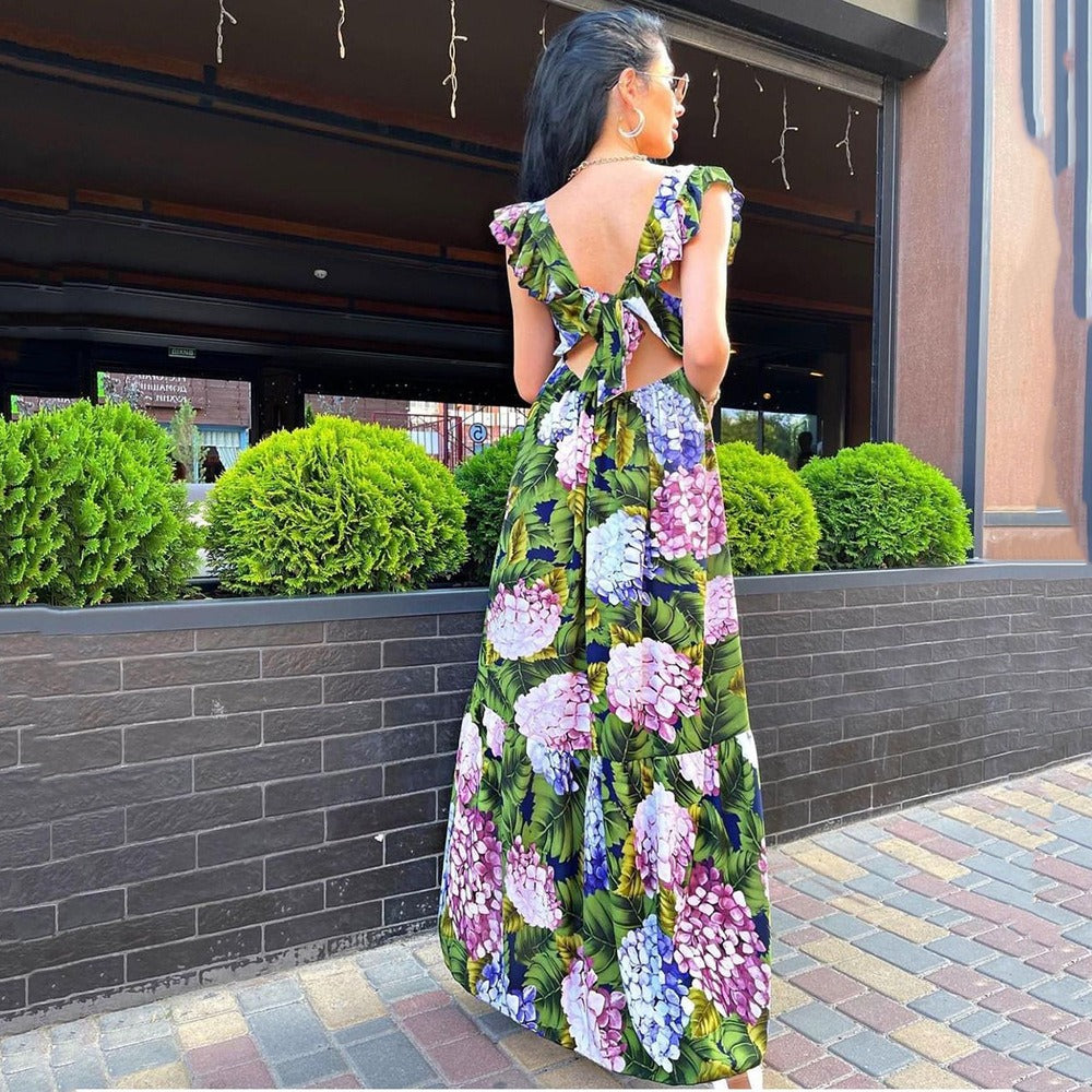 New Spring And Summer Sexy Women Dress Green Flower Dress Sleeveless Backless Dress