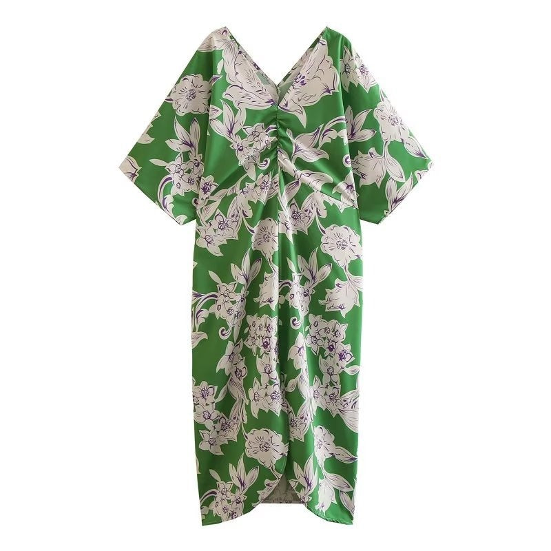 Elegant V Neck half sleeve green printed loose dress for Women