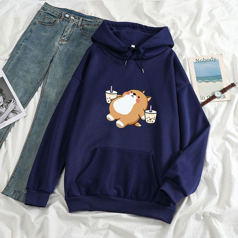 New Loose Women's Clothing Drink Milk Tea Shiba Inu Hooded Sweatshirt Sweatshirt