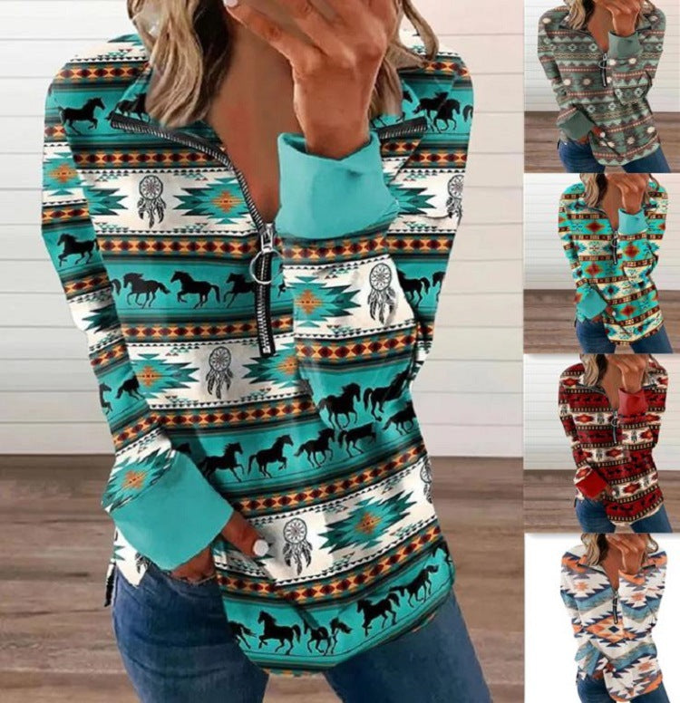 Loose Western Style 3D Round Neck Pullover Long Sleeve T Shirt For Women