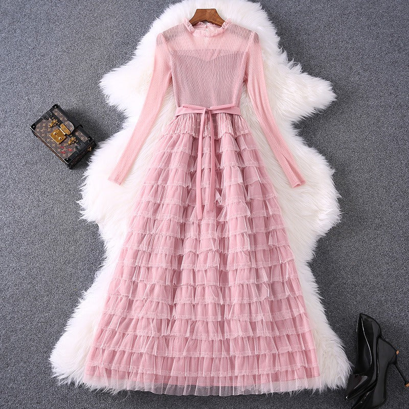 Women Fashionable Waistband Shows Gauze Dress