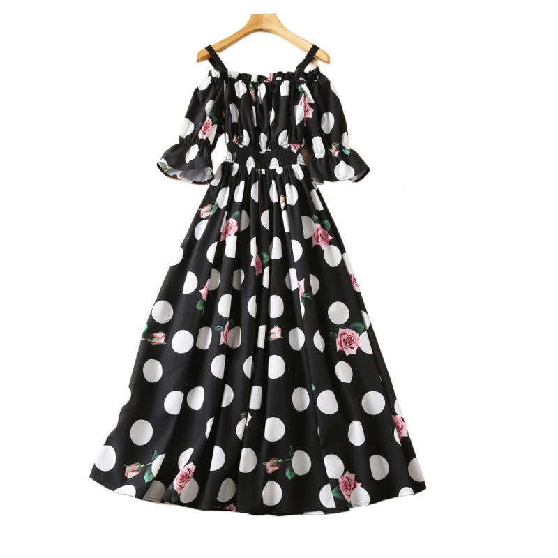 Spring Summer Fashion Polka Dot Print Slash Neck Party Dresses Elastic High Waist A Line Midi