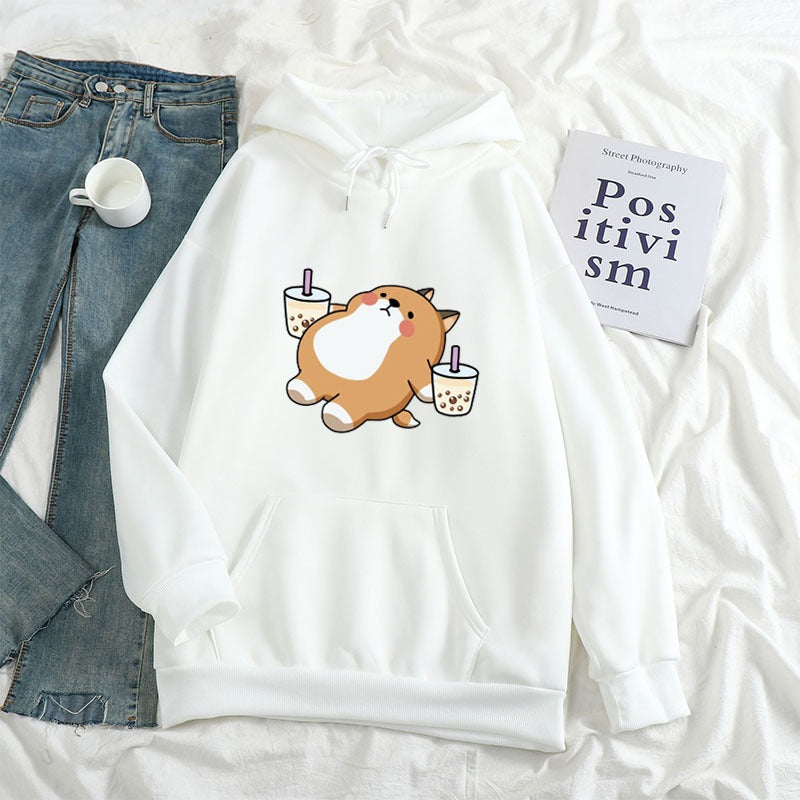 New Loose Women's Clothing Drink Milk Tea Shiba Inu Hooded Sweatshirt Sweatshirt