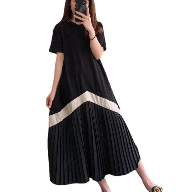 New Designer Style Pleated Dresses Short-Sleeved Long Knee-Length Loose Covering Meat Thin Skirt