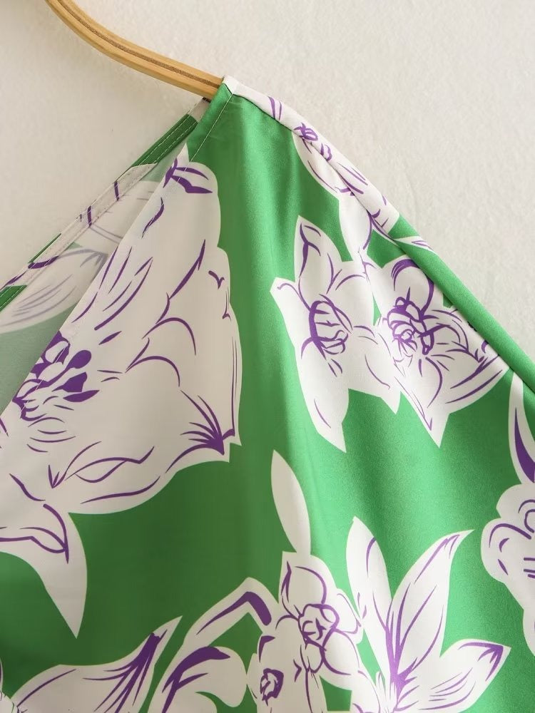 Vestido suelto estampado verde elegante con cuello en V y media manga para mujer