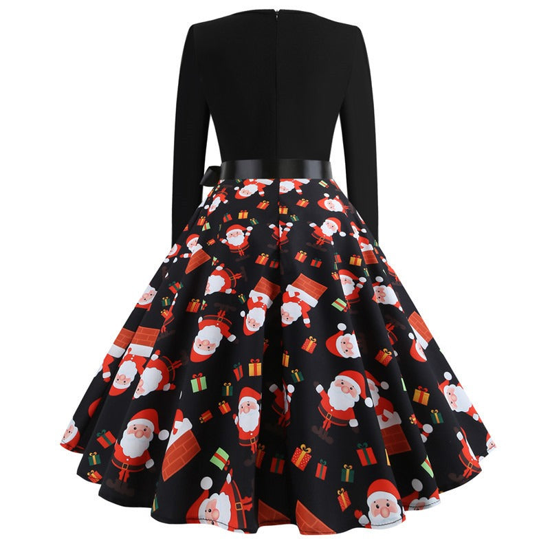 Christmas Vintage Round Neck Print Long Sleeve Swing Dress