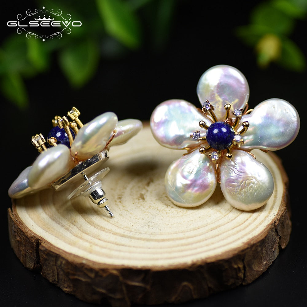 GLSEEVO Natural Fresh Water Baroque Pearl Lapis Lazuli Flower Stud Earrings