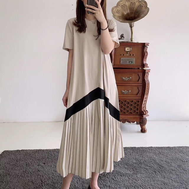 New Designer Style Pleated Dresses Short-Sleeved Long Knee-Length Loose Covering Meat Thin Skirt