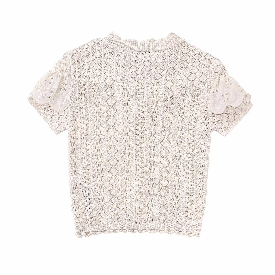 New Fashion Small Fresh Round Neck Short Sleeve Lace Ruffle Knitted Top For Women