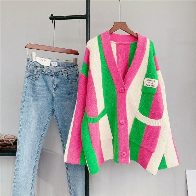 Vertical Stripe Sweater Coat Women's New Korean Version Loose Slouchy Knitted Cardigan