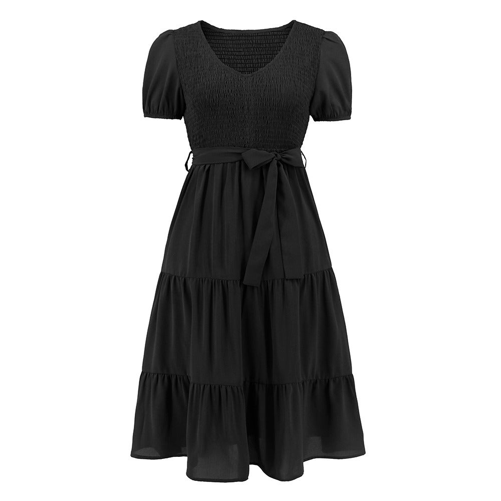 Women Round Neck Short Sleeve Slim Large Hem Splicing Cake Dress Casual Dress