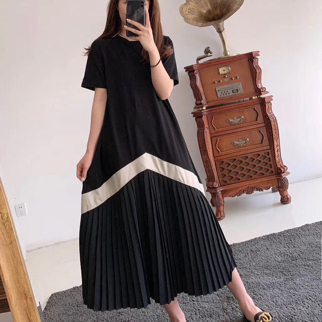 New Designer Style Pleated Dresses Short-Sleeved Long Knee-Length Loose Covering Meat Thin Skirt