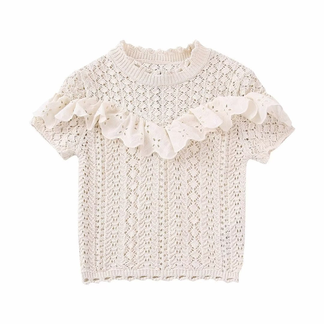 New Fashion Small Fresh Round Neck Short Sleeve Lace Ruffle Knitted Top For Women